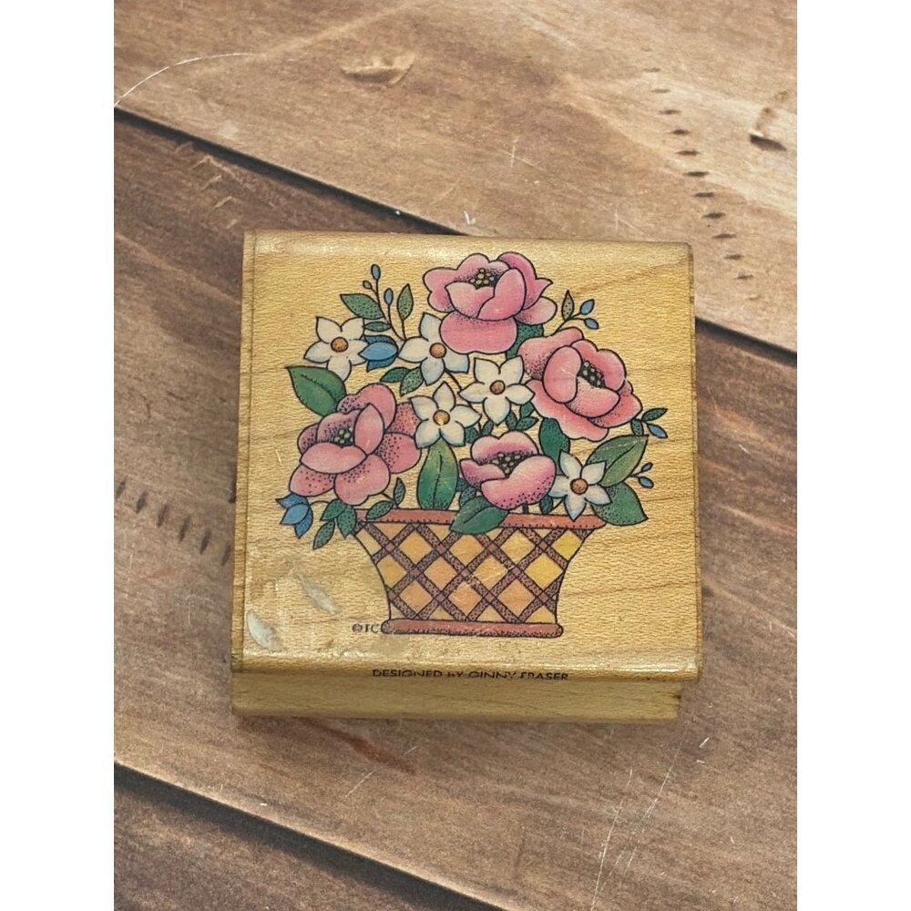 1993 ALL NIGHT MEDIA 399F FLORAL BASKET WOOD MOUNT RUBBER STAMP BY GINNY FRASER